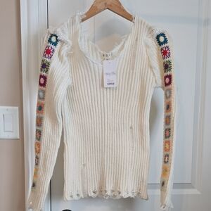 POL White Sweater with Multicolor Sleeve Details